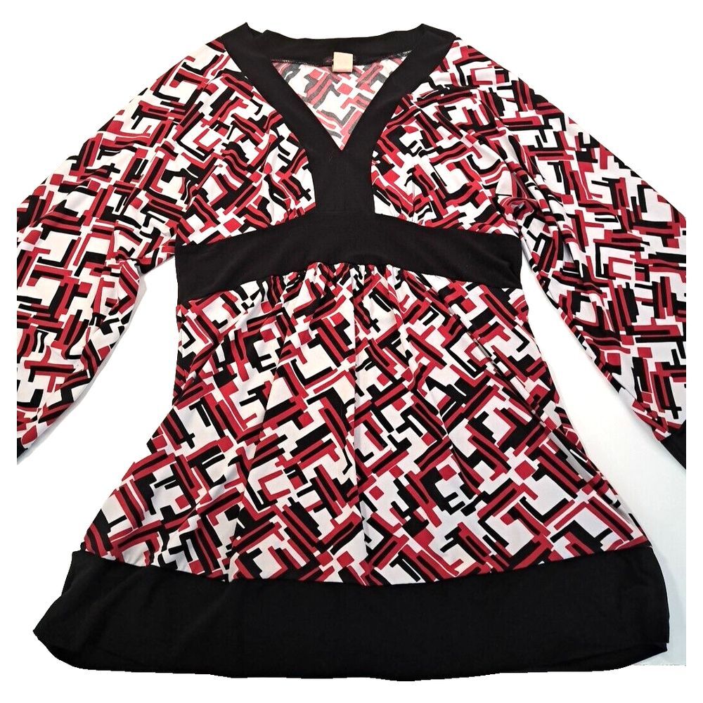 Cocomo Dress Small ? Black Red White‎ A-Line V-Neck 3/4 Sleeve Stretch Comfort